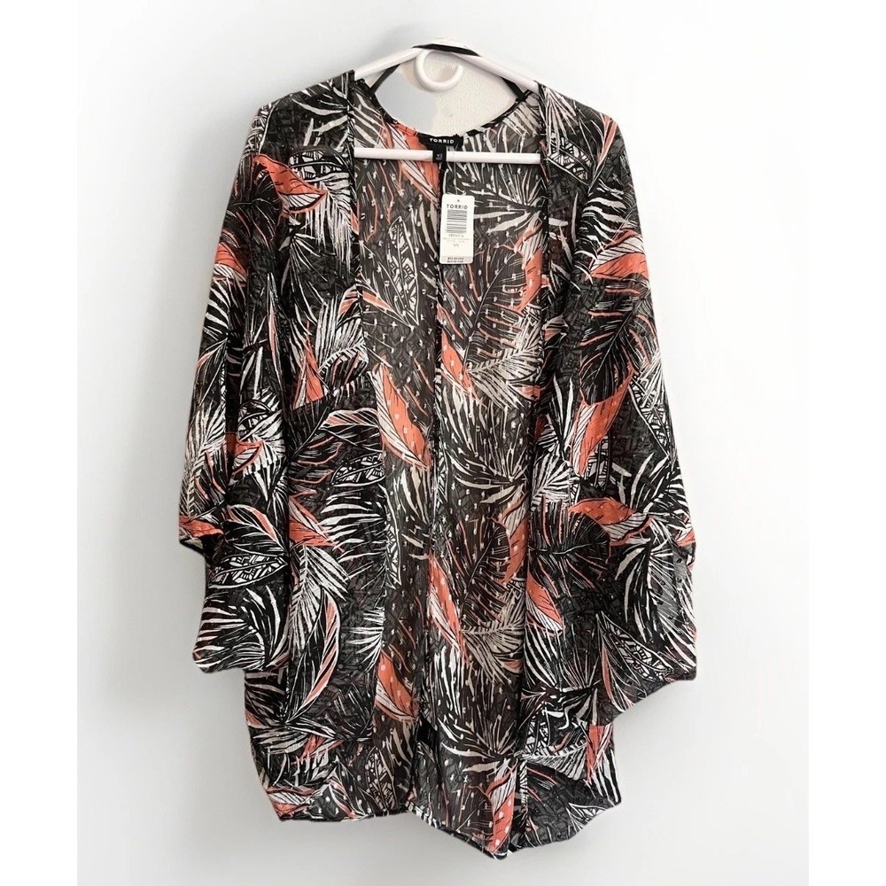 Torrid Kimono Blouse Womens 1/2 Black Tropical Sheer Short Sleeve Cocoon Chiffon